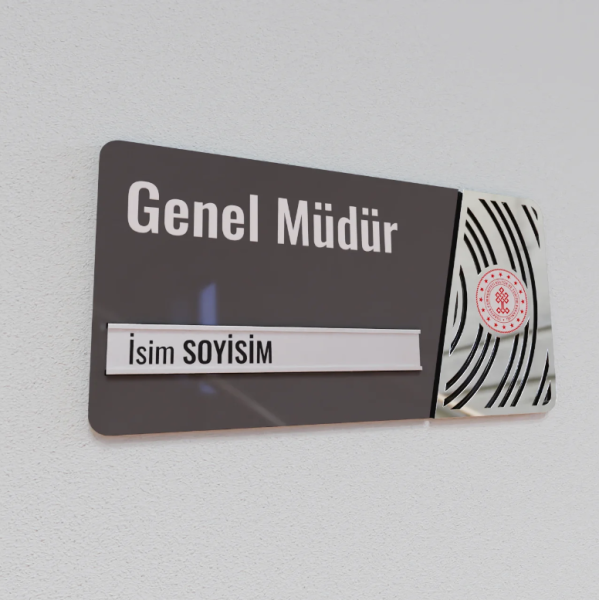 Pleksiglas Kapı İsimliği Yuvarlak Motifli Logolu Değiştirilebilir İsimlik Gümüş Renk Desenli