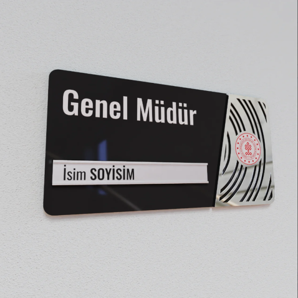Pleksiglas Kapı İsimliği Yuvarlak Motifli Logolu Değiştirilebilir İsimlik Gümüş Renk Desenli