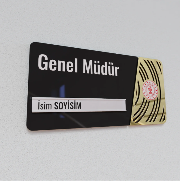 Pleksiglas Kapı İsimliği Yuvarlak Motifli Logolu Değiştirilebilir İsimlik Altın Renk Desenli