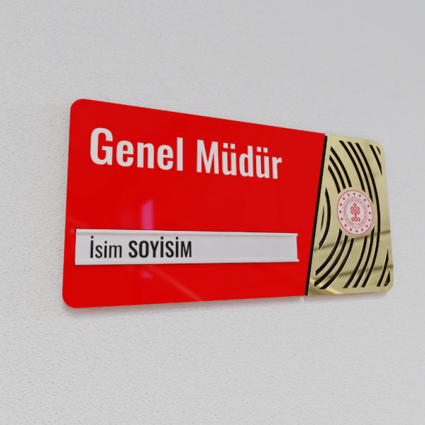 Pleksiglas Kapı İsimliği Yuvarlak Motifli Logolu Değiştirilebilir İsimlik Altın Renk Desenli