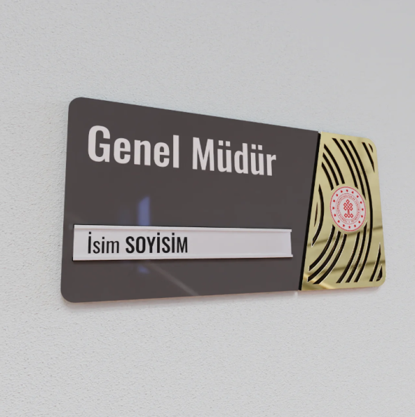 Pleksiglas Kapı İsimliği Yuvarlak Motifli Logolu Değiştirilebilir İsimlik Altın Renk Desenli