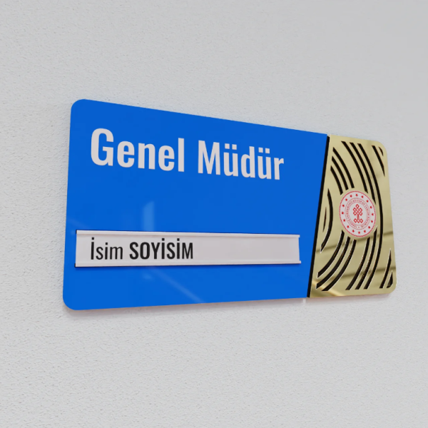Pleksiglas Kapı İsimliği Yuvarlak Motifli Logolu Değiştirilebilir İsimlik Altın Renk Desenli