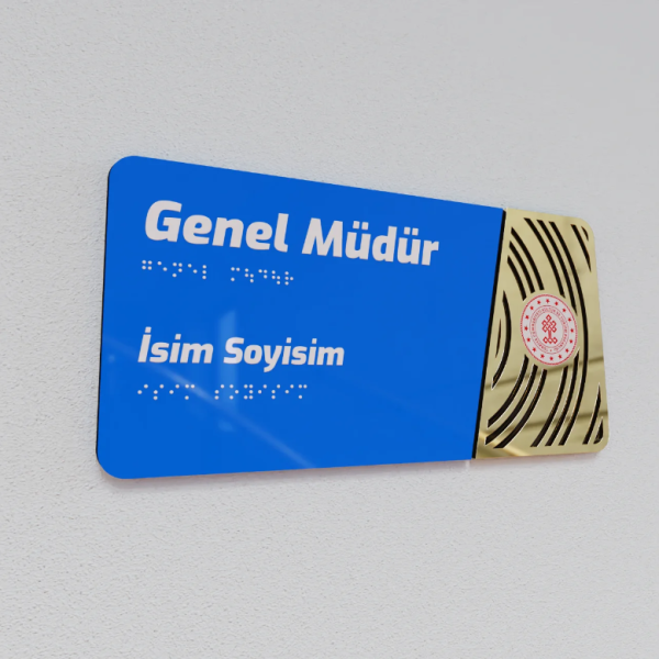 Pleksiglas Kapı İsimliği Yuvarlak Motifli Logolu Sabit İsimlik Altın Renk Desenli