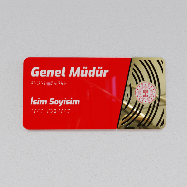 Pleksiglas Kapı İsimliği Yuvarlak Motifli Logolu Sabit İsimlik Altın Renk Desenli