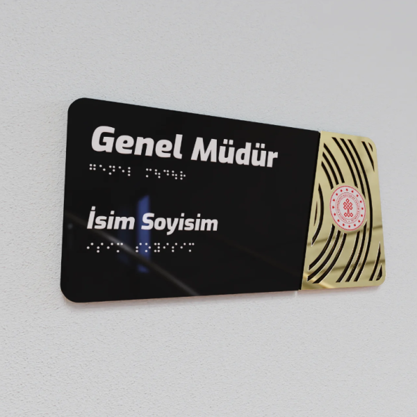 Pleksiglas Kapı İsimliği Yuvarlak Motifli Logolu Sabit İsimlik Altın Renk Desenli
