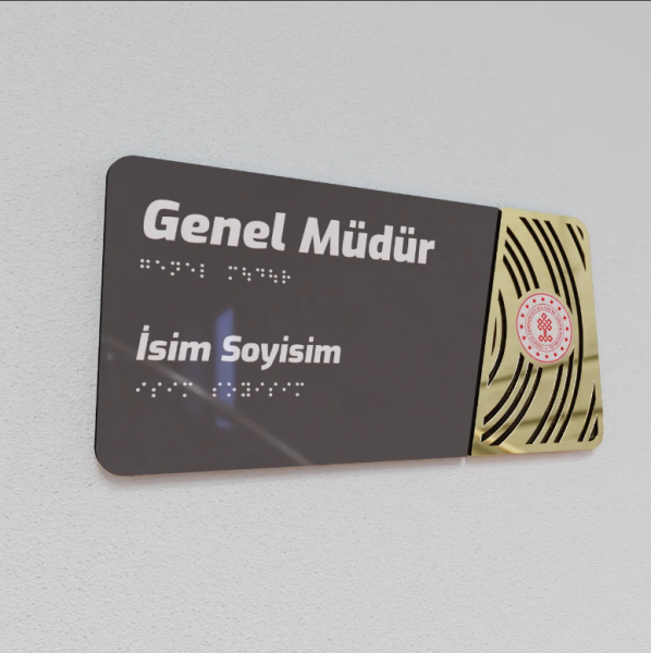 Pleksiglas Kapı İsimliği Yuvarlak Motifli Logolu Sabit İsimlik Altın Renk Desenli