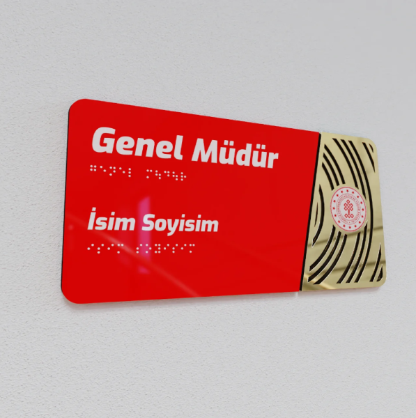 Pleksiglas Kapı İsimliği Yuvarlak Motifli Logolu Sabit İsimlik Altın Renk Desenli