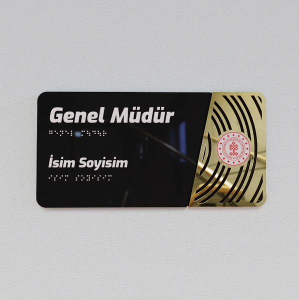 Pleksiglas Kapı İsimliği Yuvarlak Motifli Logolu Sabit İsimlik Altın Renk Desenli