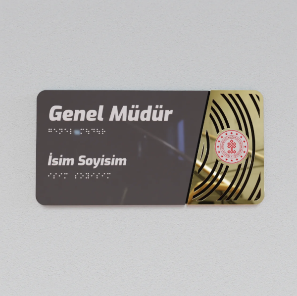 Pleksiglas Kapı İsimliği Yuvarlak Motifli Logolu Sabit İsimlik Altın Renk Desenli