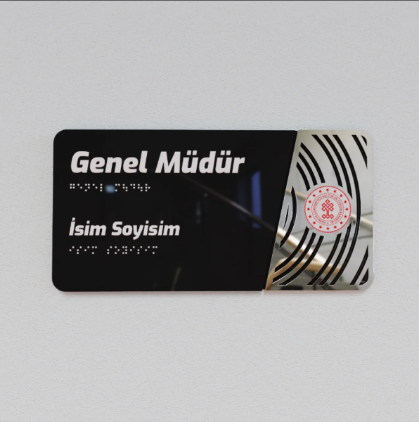 Pleksiglas Kapı İsimliği Yuvarlak Motifli Logolu Sabit İsimlik Gümüş Renk Desenli