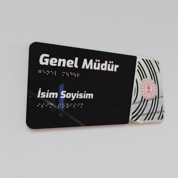 Pleksiglas Kapı İsimliği Yuvarlak Motifli Logolu Sabit İsimlik Gümüş Renk Desenli