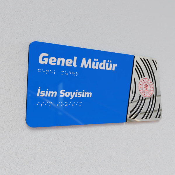 Pleksiglas Kapı İsimliği Yuvarlak Motifli Logolu Sabit İsimlik Gümüş Renk Desenli