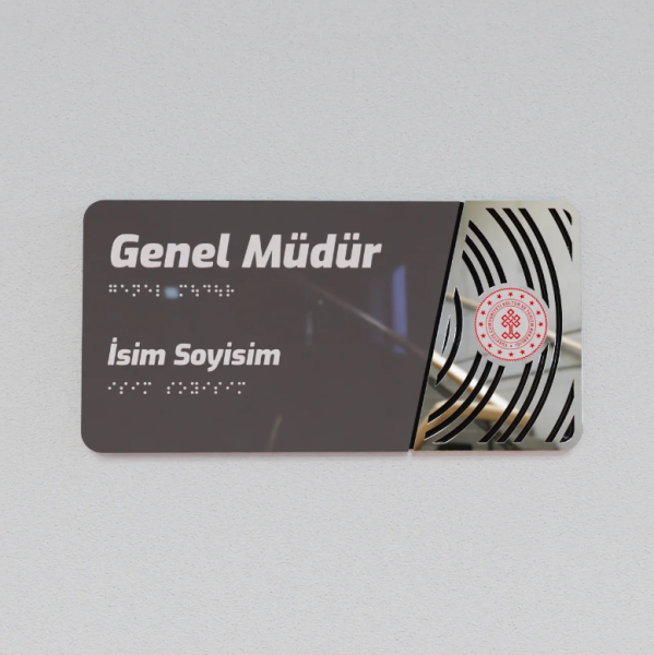 Pleksiglas Kapı İsimliği Yuvarlak Motifli Logolu Sabit İsimlik Gümüş Renk Desenli