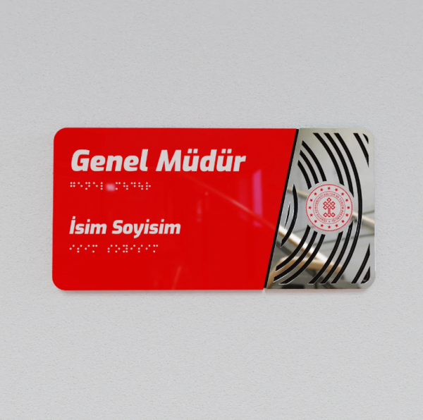 Pleksiglas Kapı İsimliği Yuvarlak Motifli Logolu Sabit İsimlik Gümüş Renk Desenli