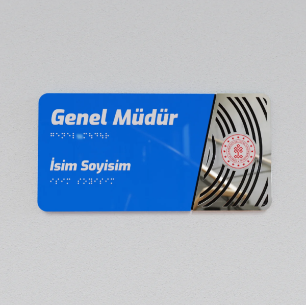 Pleksiglas Kapı İsimliği Yuvarlak Motifli Logolu Sabit İsimlik Gümüş Renk Desenli