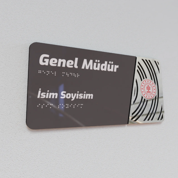 Pleksiglas Kapı İsimliği Yuvarlak Motifli Logolu Sabit İsimlik Gümüş Renk Desenli