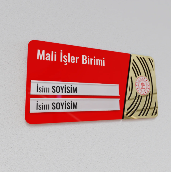Pleksiglas Kapı İsimliği Yuvarlak Motifli Logolu Değiştirilebilir İki İsimlik Altın Renk Desenli