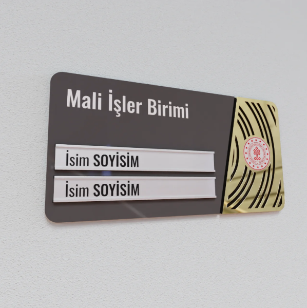 Pleksiglas Kapı İsimliği Yuvarlak Motifli Logolu Değiştirilebilir İki İsimlik Altın Renk Desenli
