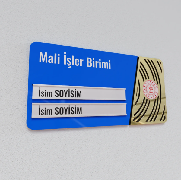 Pleksiglas Kapı İsimliği Yuvarlak Motifli Logolu Değiştirilebilir İki İsimlik Altın Renk Desenli
