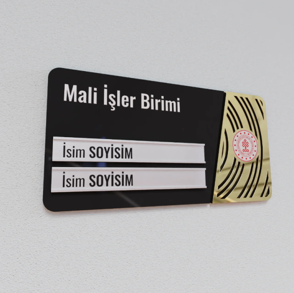 Pleksiglas Kapı İsimliği Yuvarlak Motifli Logolu Değiştirilebilir İki İsimlik Altın Renk Desenli