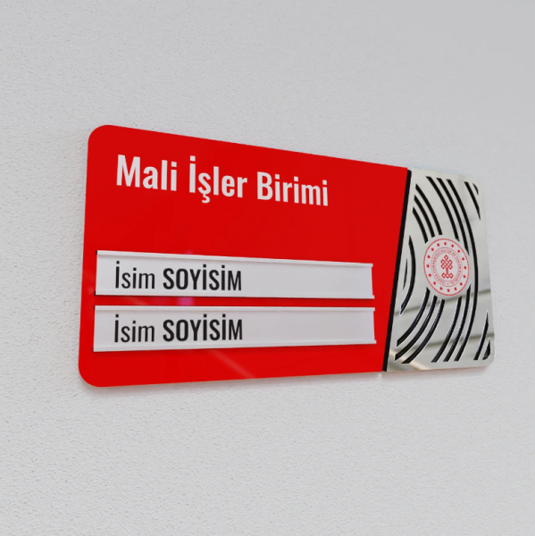 Pleksiglas Kapı İsimliği Yuvarlak Motifli Logolu Değiştirilebilir İki İsimlik Gümüş Renk Desenli