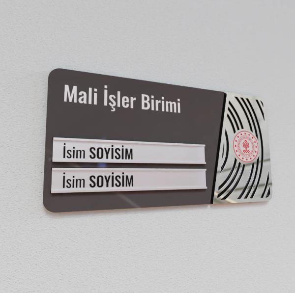 Pleksiglas Kapı İsimliği Yuvarlak Motifli Logolu Değiştirilebilir İki İsimlik Gümüş Renk Desenli