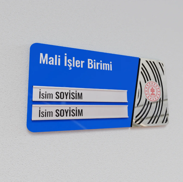 Pleksiglas Kapı İsimliği Yuvarlak Motifli Logolu Değiştirilebilir İki İsimlik Gümüş Renk Desenli