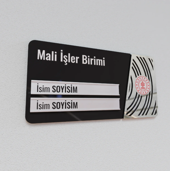 Pleksiglas Kapı İsimliği Yuvarlak Motifli Logolu Değiştirilebilir İki İsimlik Gümüş Renk Desenli