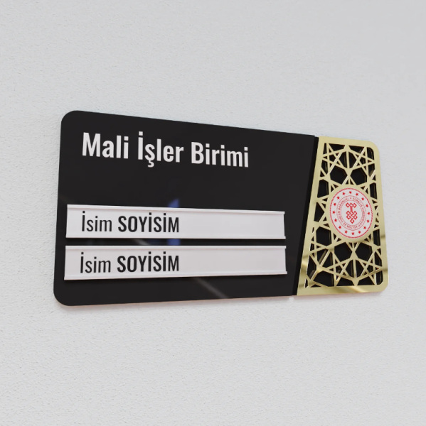 Pleksiglas Kapı İsimliği Logolu Değiştirilebilir İki İsimlik Altın Renk Desenli