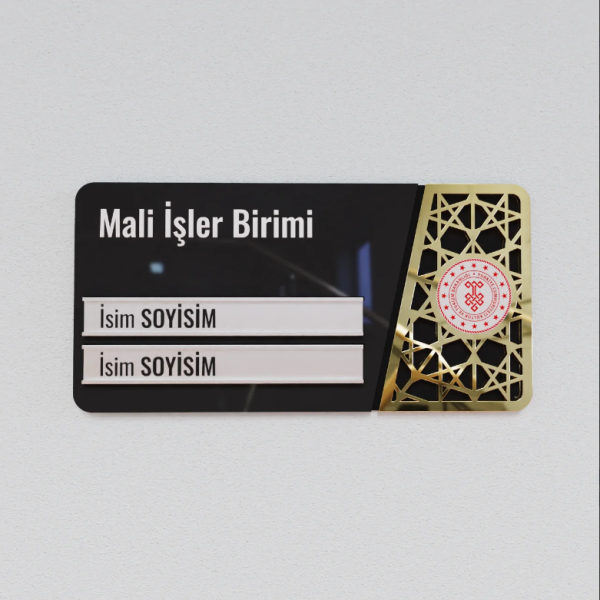 Pleksiglas Kapı İsimliği Logolu Değiştirilebilir İki İsimlik Altın Renk Desenli
