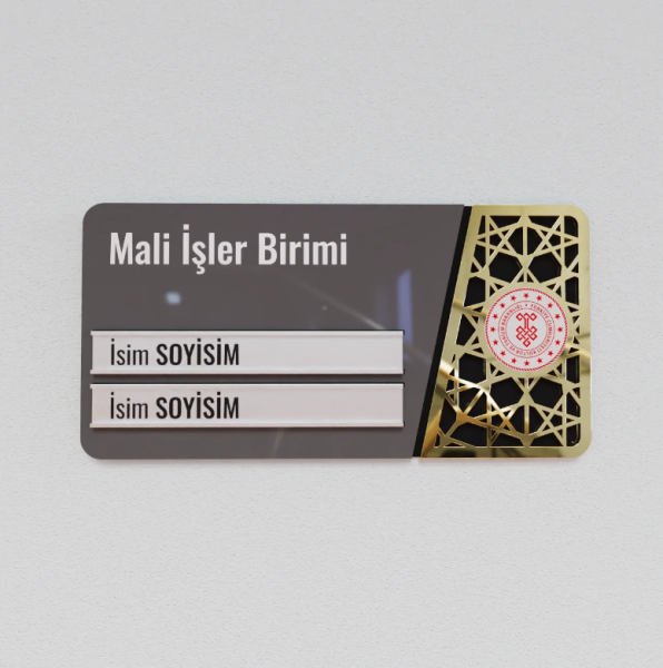 Pleksiglas Kapı İsimliği Logolu Değiştirilebilir İki İsimlik Altın Renk Desenli