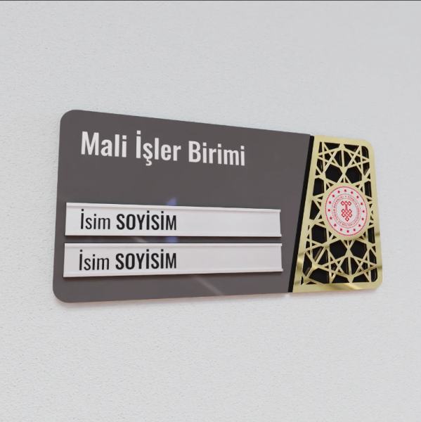Pleksiglas Kapı İsimliği Logolu Değiştirilebilir İki İsimlik Altın Renk Desenli