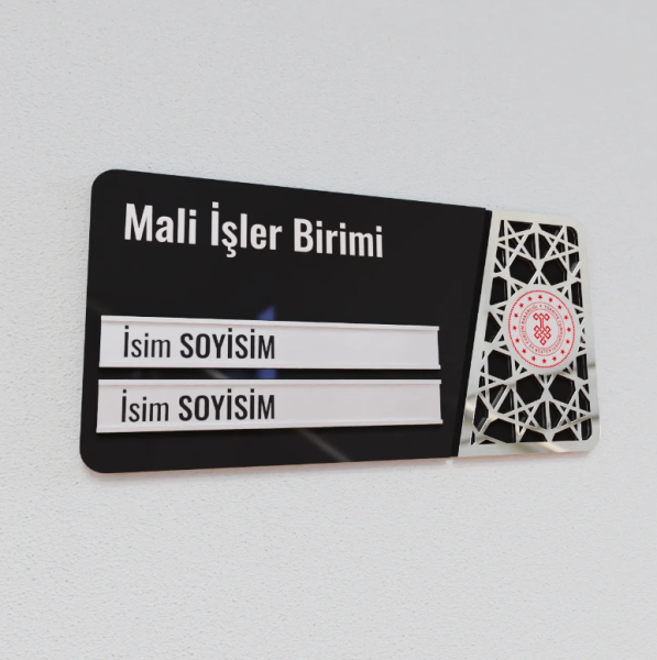 Pleksiglas Kapı İsimliği Logolu Değiştirilebilir İki İsimlik Gümüş Renk Desenli