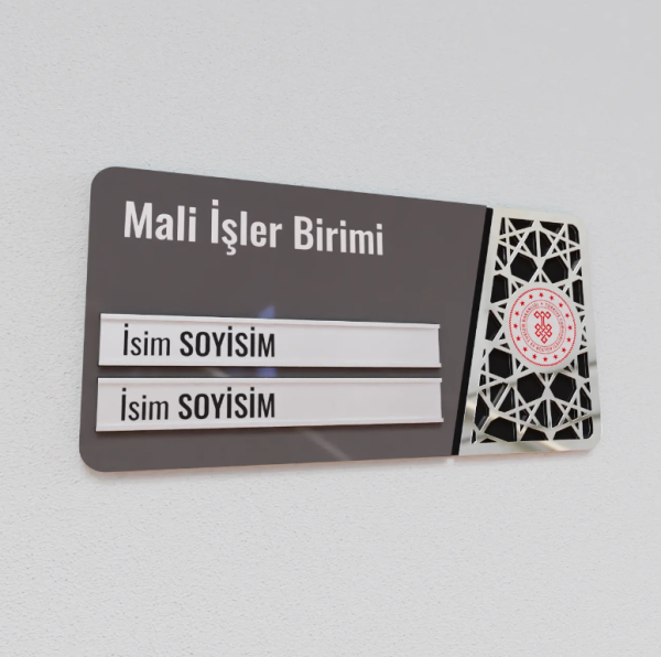 Pleksiglas Kapı İsimliği Logolu Değiştirilebilir İki İsimlik Gümüş Renk Desenli