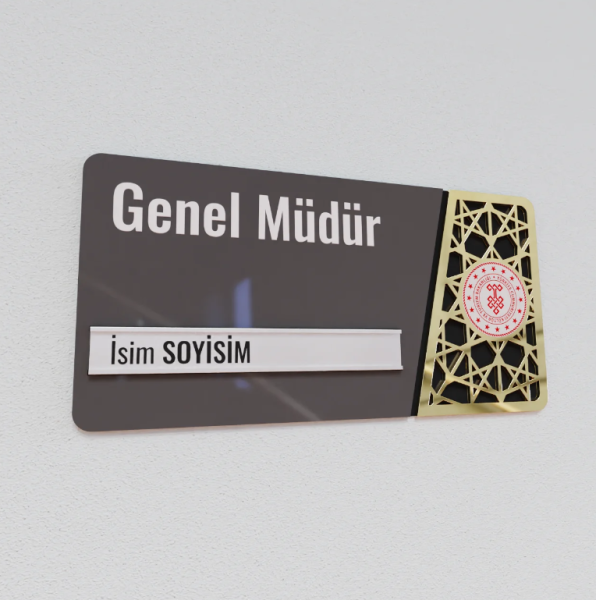 Pleksiglas Kapı İsimliği Logolu Değiştirilebilir İsimlik Altın Renk Desenli