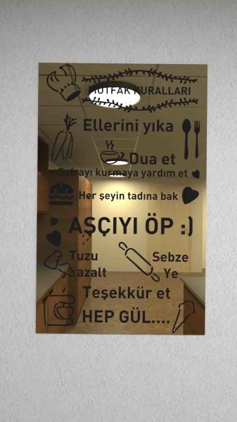 Aynalı Gold Mutfak Kuralları Dekoratif Duvar Panosu