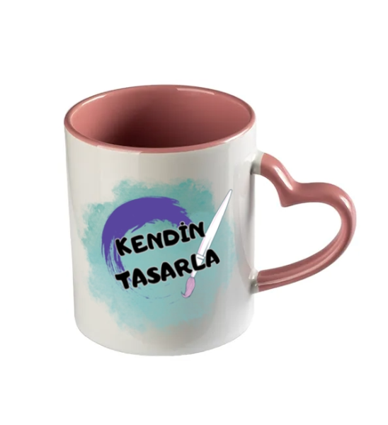 Kalp Kulplu İçi Pembe Kupa Bardak